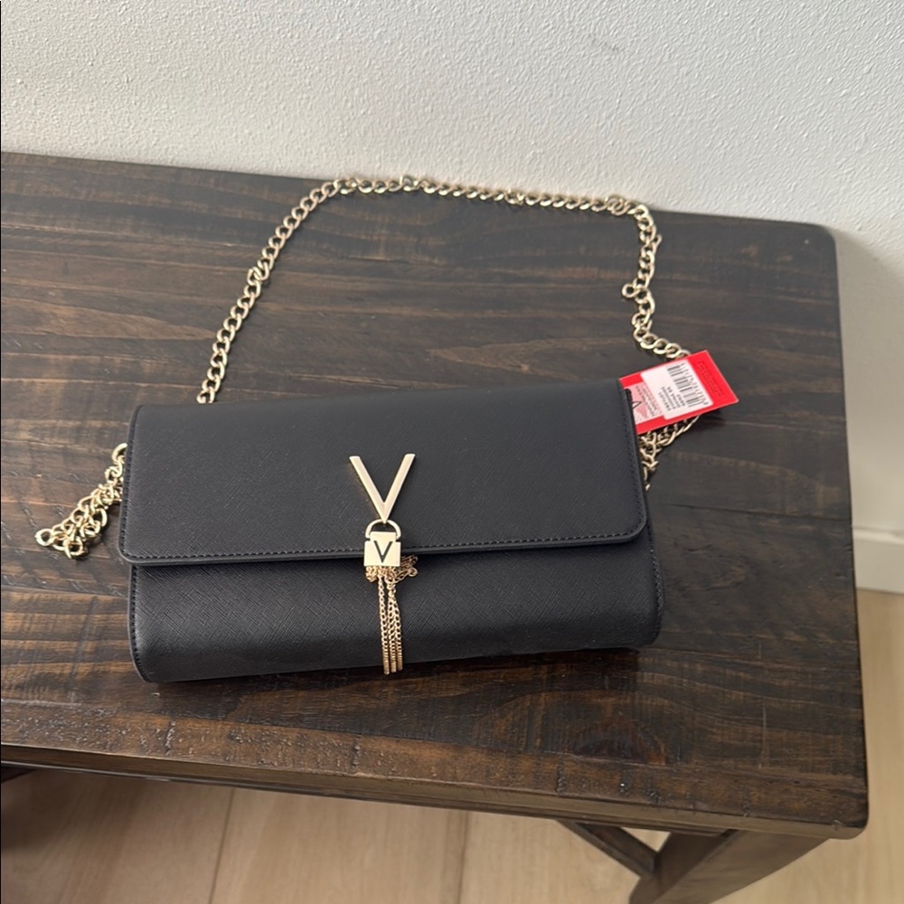 Mario Valentino Black and Gold Clutch with Chain Accents